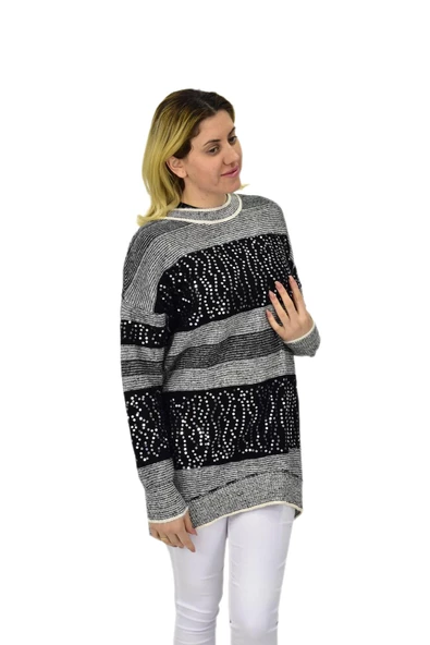 Kadın Pullu Çizgili Oversize Kazak 7592 BGL-ST04076 - Resim 8