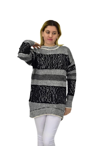 Kadın Pullu Çizgili Oversize Kazak 7592 BGL-ST04076 - Resim 9