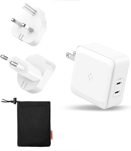 Spigen 45W USB-C Güç Adaptörü 2 Port (Akım Korumalı) 20W/45W Type-C Hızlı iPhone & Android & iPad & Macbook Şarj Cihazı Değiştirilebilir Travel ArcStation PE2010 White