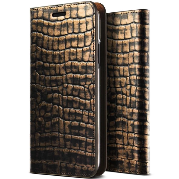 VRS Design İPhone X ile Uyumlu Genuine Croco Diary Kılıf Dark Gold