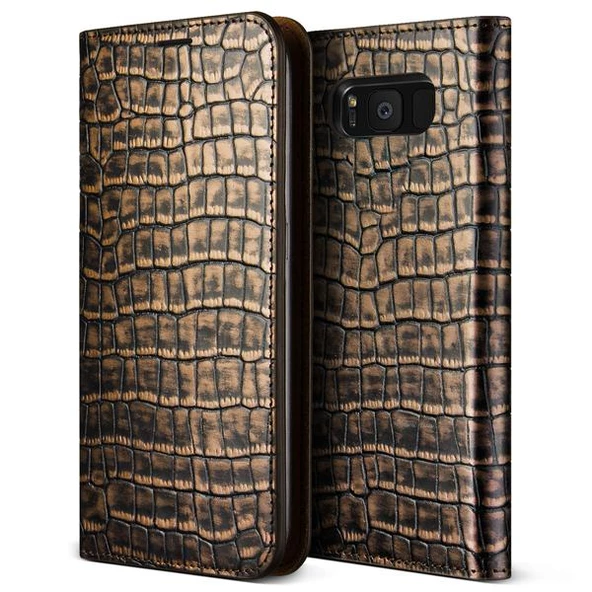 VRS Design Galaxy S8 ile Uyumlu Genuine Croco Diary Kılıf Dark Gold