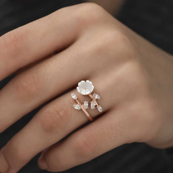 ​925 Ayar Gümüş Rose Beyaz Bahar Çiçeği Yüzük - Resim 3