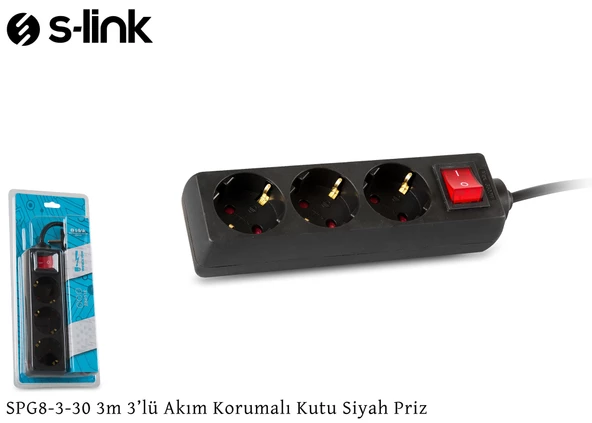 S-LİNK SPG8-3-30 3Lü Akım Korumalı Priz 3 Metre Anahtarlı 150 Joule