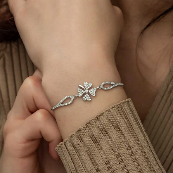 925 Ayar Gümüş Yonca Bileklik - Resim 4