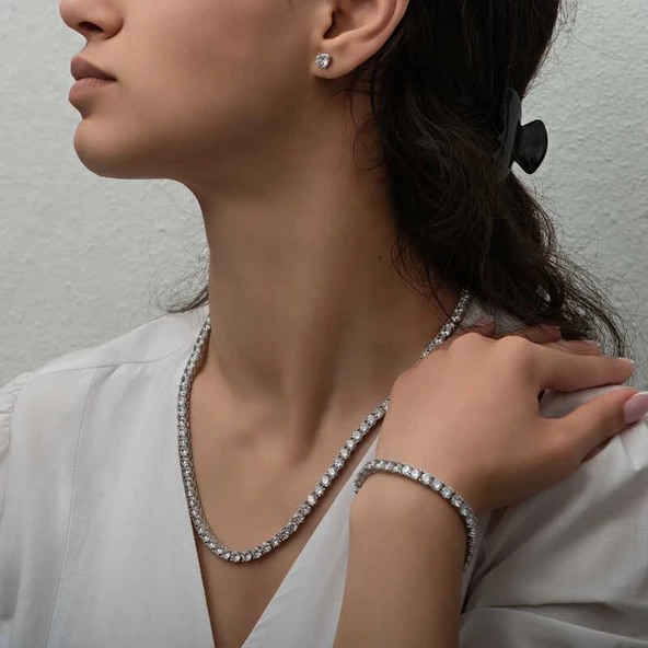 Gümüş 2.5 mm Beyaz Taşlı Su Yolu Kadın Set - Resim 3