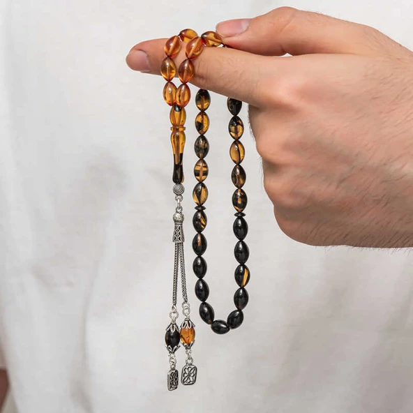 Gümüş Püskül Sıkma Kehribar Tesbih - 5