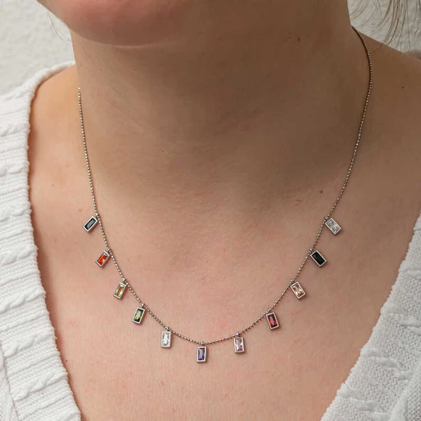 Gümüş Renkli Taşlı Şans Kadın Kolye - Resim 2