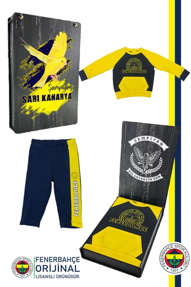 Fenerbahçe Orijinal Fb Logo Sarı-Lacivert Bebek Sweat Eşofman Alt Set Ahşap Kutulu - 6