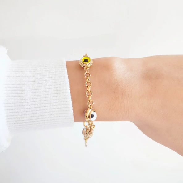 BZ Altın Kaplama Sarı Lacivert Boncuklu Figaro Zincir Bileklik - 2