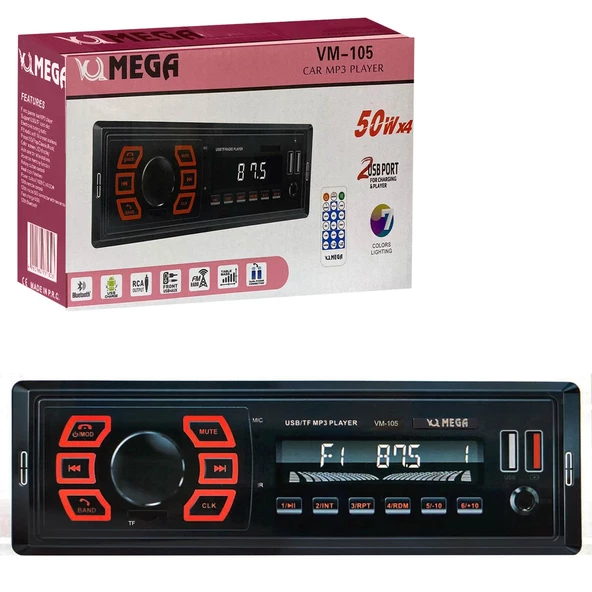 MEGA VM-105 Oto Teyp 4X50 Watt Bluetooth 2xUsb Sd Fm Aux 7 Renk - 2