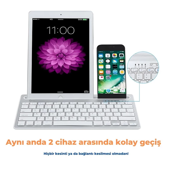 LENOVO LECOO BK-100 Kablosuz Klavye Standlı Q İngilizce Şarjlı Pc Telefon Tv Uyumlu - 2