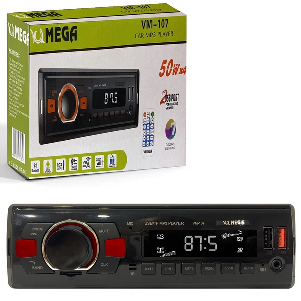 MEGA VM-107 Oto Teyp 4X50 Watt Bluetooth 2xUsb Sd Fm Aux 7 Renk - 2