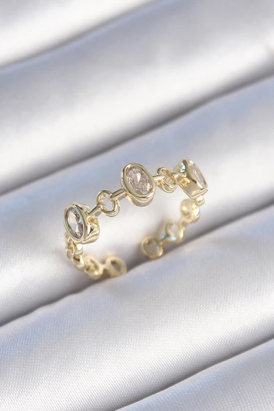 Pirinç Gold Renk Zirkon Taşlı Yuvarlak Zincir Model Kadın Yüzük - TJ-BYK3470