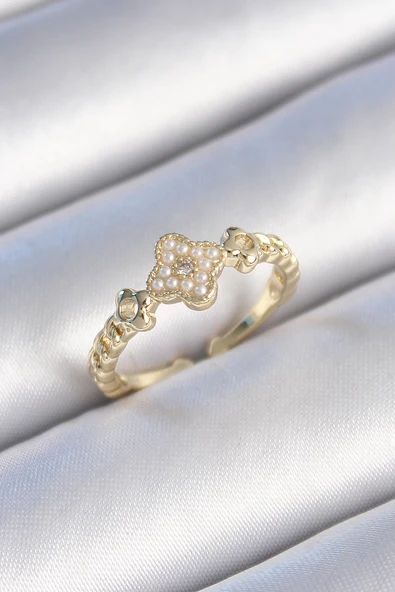 Pirinç Gold Renk İncili Yonca Model Zirkon Taş Detay Kadın Yüzük - TJ-BYK3438 - 1