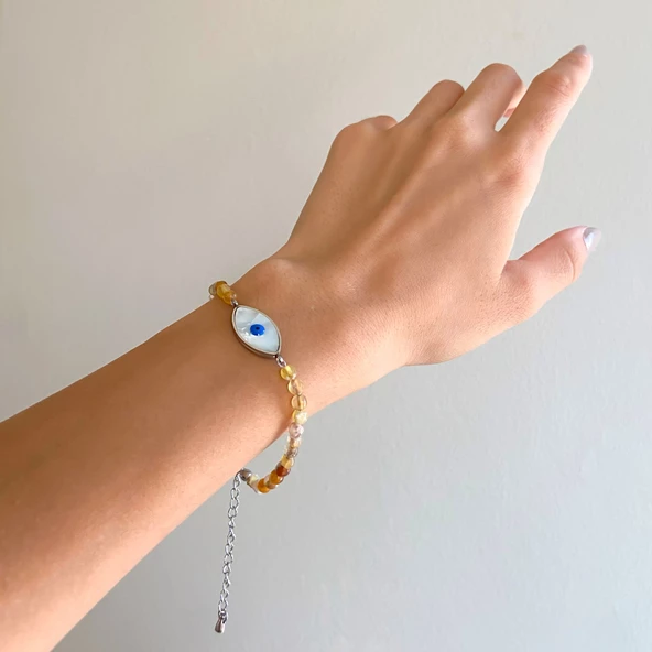 BZ 316L Çelik Göz Motifli Sarı Boncuk Bileklik BLK-880 - 2