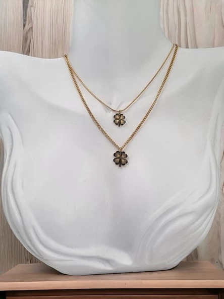 Jade'm Gold Çelik Dört Yapraklı Çiftli Kolye - 2