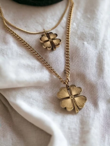 Jade'm Gold Çelik Dört Yapraklı Çiftli Kolye