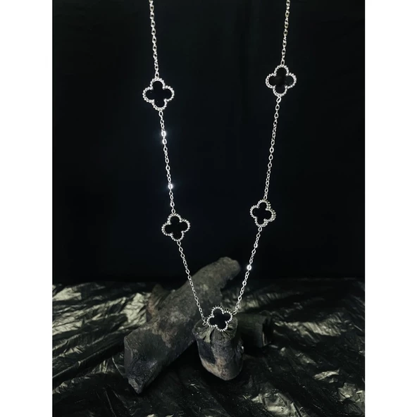 Van Cleef Siyah Gümüş Çelik Kolye