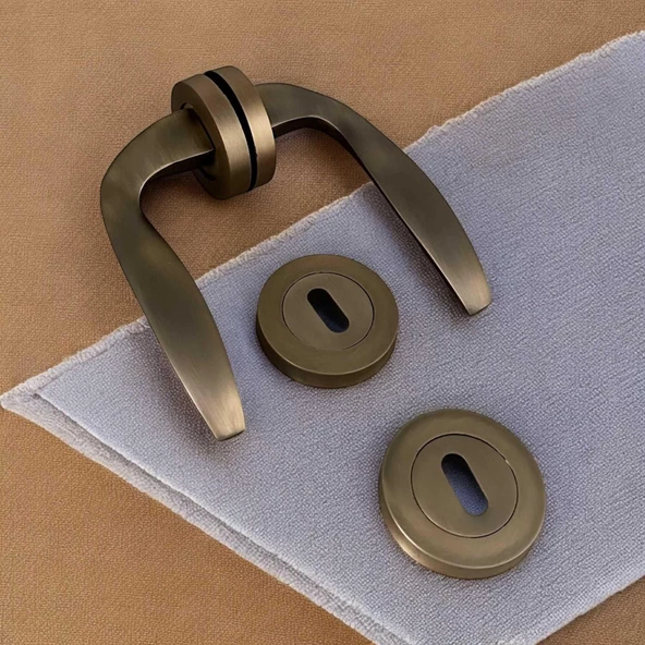 Trim Mat Antik Sarı Yuvarlak Rozetli Oda Kapı Kolu 1 Takım - 4