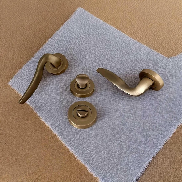 Trim Mat Antik Sarı Yuvarlak Rozetli Wc Banyo Kapı Kolu 1 Takım - Resim 4