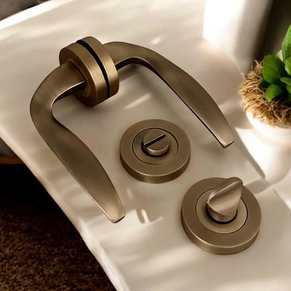 Trim Mat Antik Sarı Yuvarlak Rozetli Wc Banyo Kapı Kolu 1 Takım - Resim 6