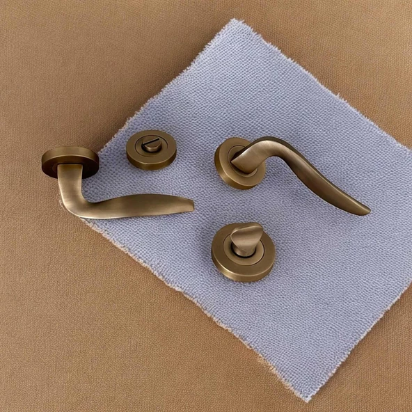 Trim Mat Antik Sarı Yuvarlak Rozetli Wc Banyo Kapı Kolu 1 Takım - Resim 3