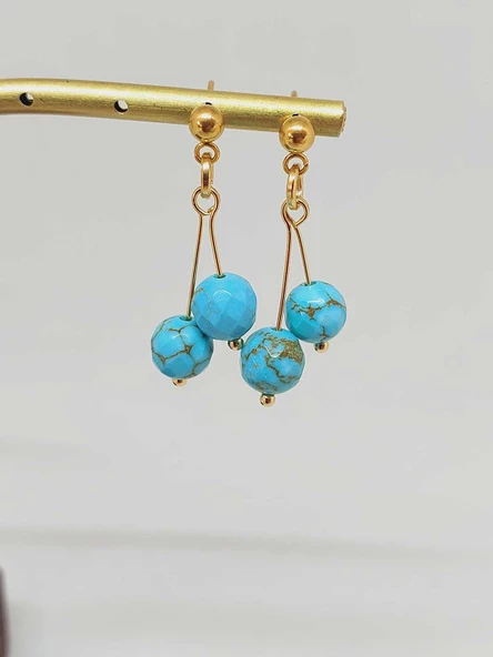 Doğaltaş Gold Çelik Küpe - Turkuaz Taşı Kiraz Serisi (55666) - Resim 6