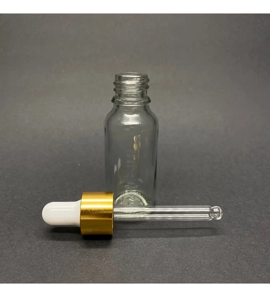 20ml Şeffaf, Cam Şişe, 12 adet, Cam Damlalıklı, Ecza şişesi, Propolis şişesi, Gold Kapak Beyaz Emzik