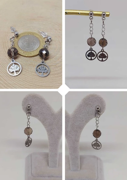 Doğaltaş Silver Çelik Küpe - Dumanlı Kuvars Taşı Capella Serisi Hayat Ağaçlı (55684) ürün görseli