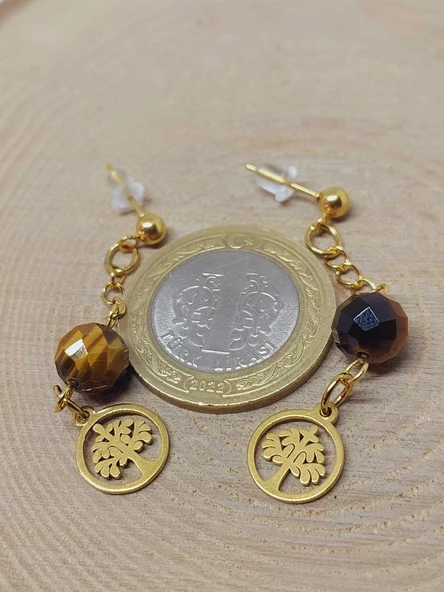 Doğaltaş Gold Çelik Küpe - Kaplangözü Taşı Capella Serisi Hayat Ağaçlı (55682) - Resim 3