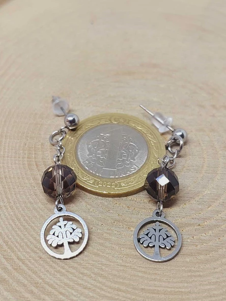 Doğaltaş Silver Çelik Küpe - Dumanlı Kuvars Taşı Capella Serisi Hayat Ağaçlı (55684) - Resim 3