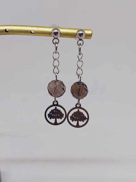 Doğaltaş Silver Çelik Küpe - Dumanlı Kuvars Taşı Capella Serisi Hayat Ağaçlı (55684) - Resim 6