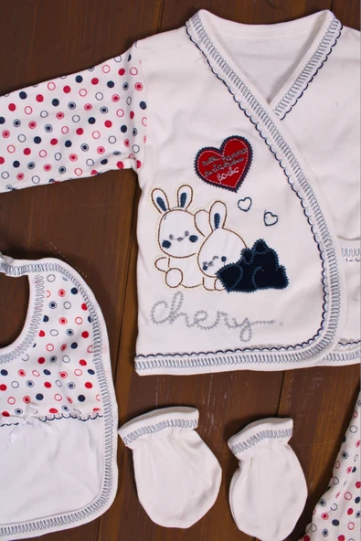 Tavşan Desenli 5 Parça Erkek Bebek Hastane Çıkışı Seti - Resim 3