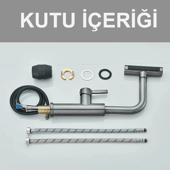 ÇOK MODLU ANTRASİT MUTFAK EVYE BATARYASI SPİRALLİ ÇEK BIRAK BAŞLIK YAĞMURLAMA - 7
