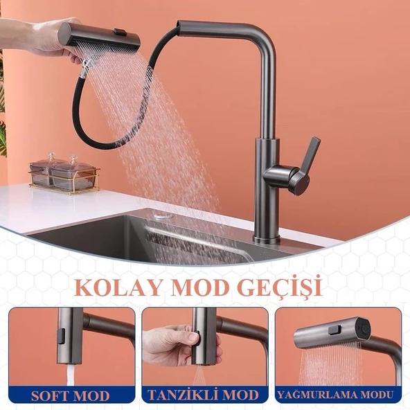 ÇOK MODLU ANTRASİT MUTFAK EVYE BATARYASI SPİRALLİ ÇEK BIRAK BAŞLIK YAĞMURLAMA - 4