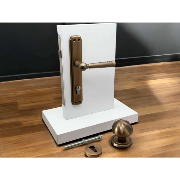 Osmanlı Mat Antik Sarı Çelik Kapı Kolu Sağ Basar + Kapı Tokmağı Ve Rozeti Kilit Hariçtir - 4