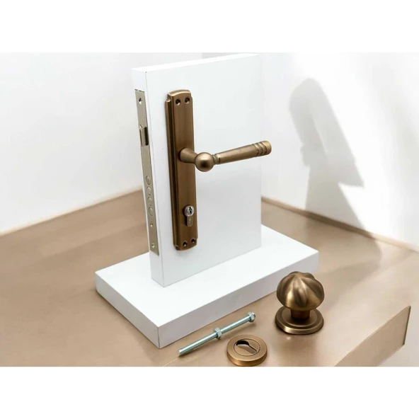 Osmanlı Mat Antik Sarı Çelik Kapı Kolu Sağ Basar + Kapı Tokmağı Ve Rozeti Kilit Hariçtir - 3