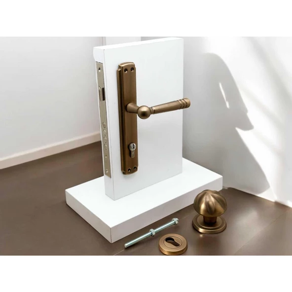 Osmanlı Mat Antik Sarı Çelik Kapı Kolu Sağ Basar + Kapı Tokmağı Ve Rozeti Kilit Hariçtir - 2