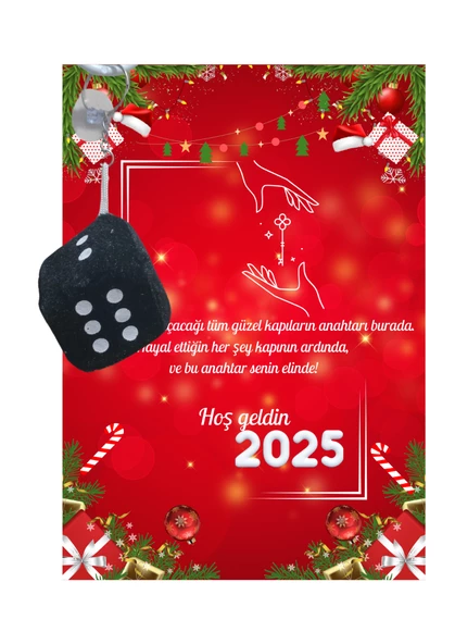 Yeni Yıl 2025 Kart Üzerinde Anahtarlık (Kişiye Özel Yazı Yazdırılabilir) Zar Model