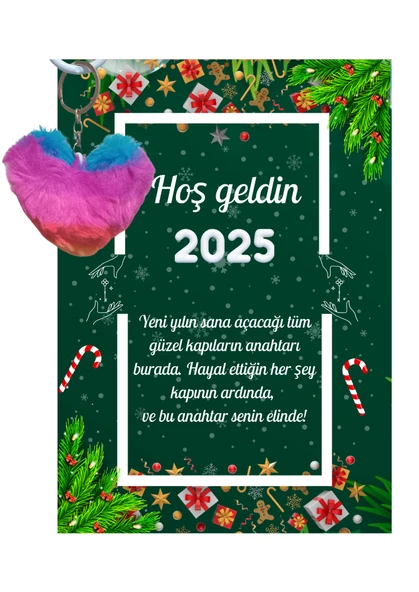 Yeni Yıl Kart Üzerinde Anahtarlık (Kişiye Özel Yazı Yazdırılabilir) Renkli Kalp - 2