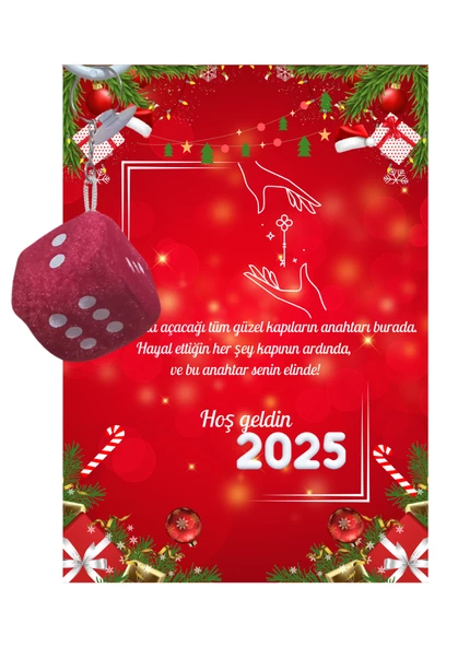 Yeni Yıl 2025 Kart Üzerinde Anahtarlık (Kişiye Özel Yazı Yazdırılabilir) Zar Model - 3