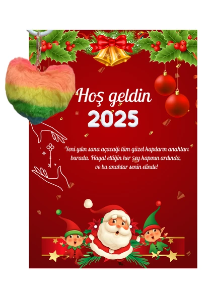 Yeni Yıl Noel Baba Kart Üzerinde Anahtarlık (Kişiye Özel Yazı Yazdırılabilir) Renkli Kalp