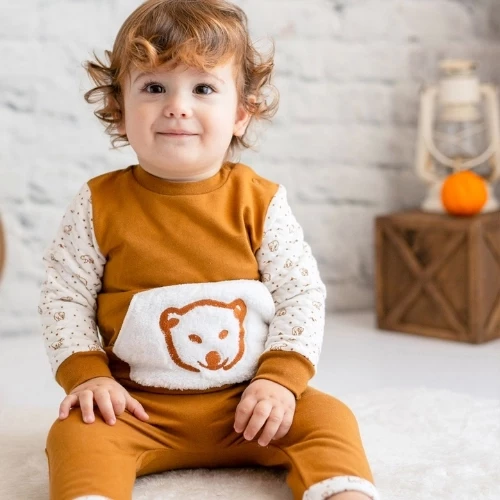 Erkek Bebek Tarçın Ayıcık Peluş Cepli İkili Takım (6ay-4yaş) - 2