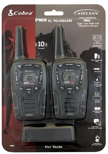 Aselsan PM-865 Pmr El Telsizi 2li Paket 8 Kanal+121 Alt Kanal 8 Km