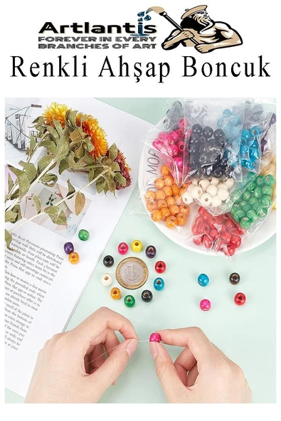 Renkli Ahşap Boncuk 10 mm 150 Adet Renkli Tahta Boncuk El İşi Okul Öncesi Kreş Anasınıfı Proje Tasarım Ödev Elişi - 3