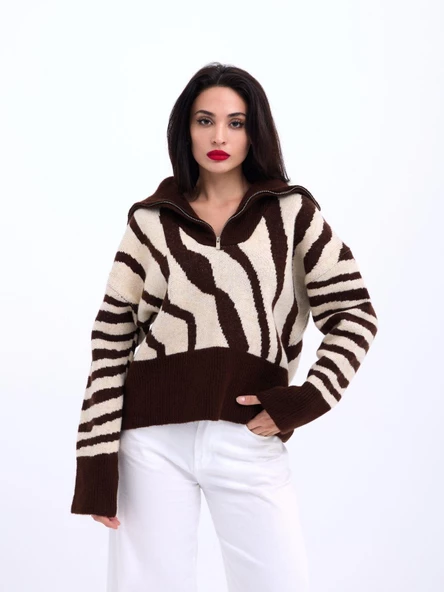 3928 TRİKO ZEBRA KAZAK-KAHVE-TAŞ