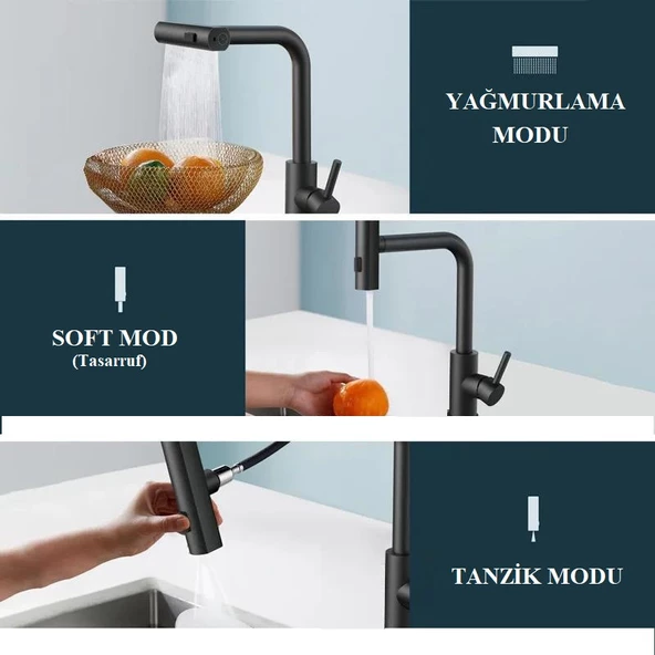 Rena Design Çok Modlu Siyah Mutfak Evye Bataryası Spiralli Çek Bırak Başlık Yağmurlama - 3