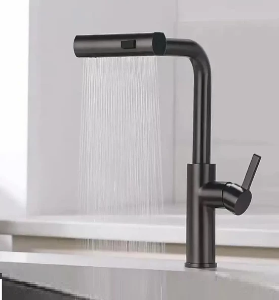 Rena Design Çok Modlu Siyah Mutfak Evye Bataryası Spiralli Çek Bırak Başlık Yağmurlama - 6