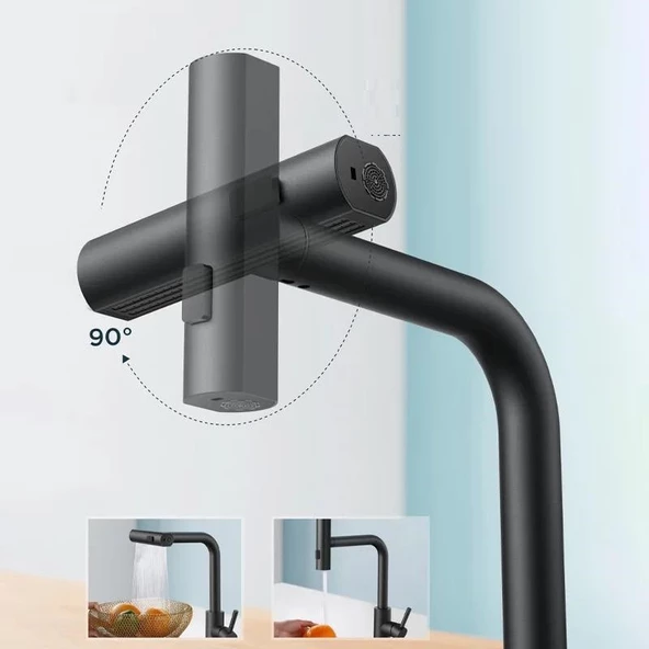 Rena Design Çok Modlu Siyah Mutfak Evye Bataryası Spiralli Çek Bırak Başlık Yağmurlama - 4