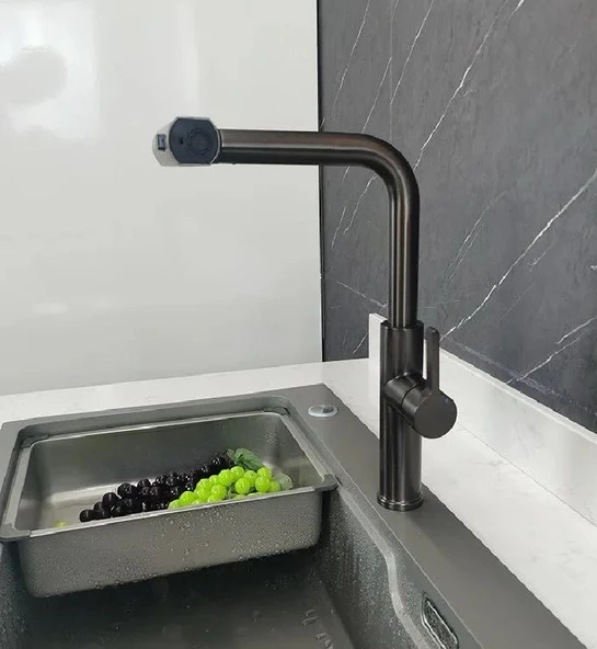 Rena Design Çok Modlu Siyah Mutfak Evye Bataryası Spiralli Çek Bırak Başlık Yağmurlama - 7